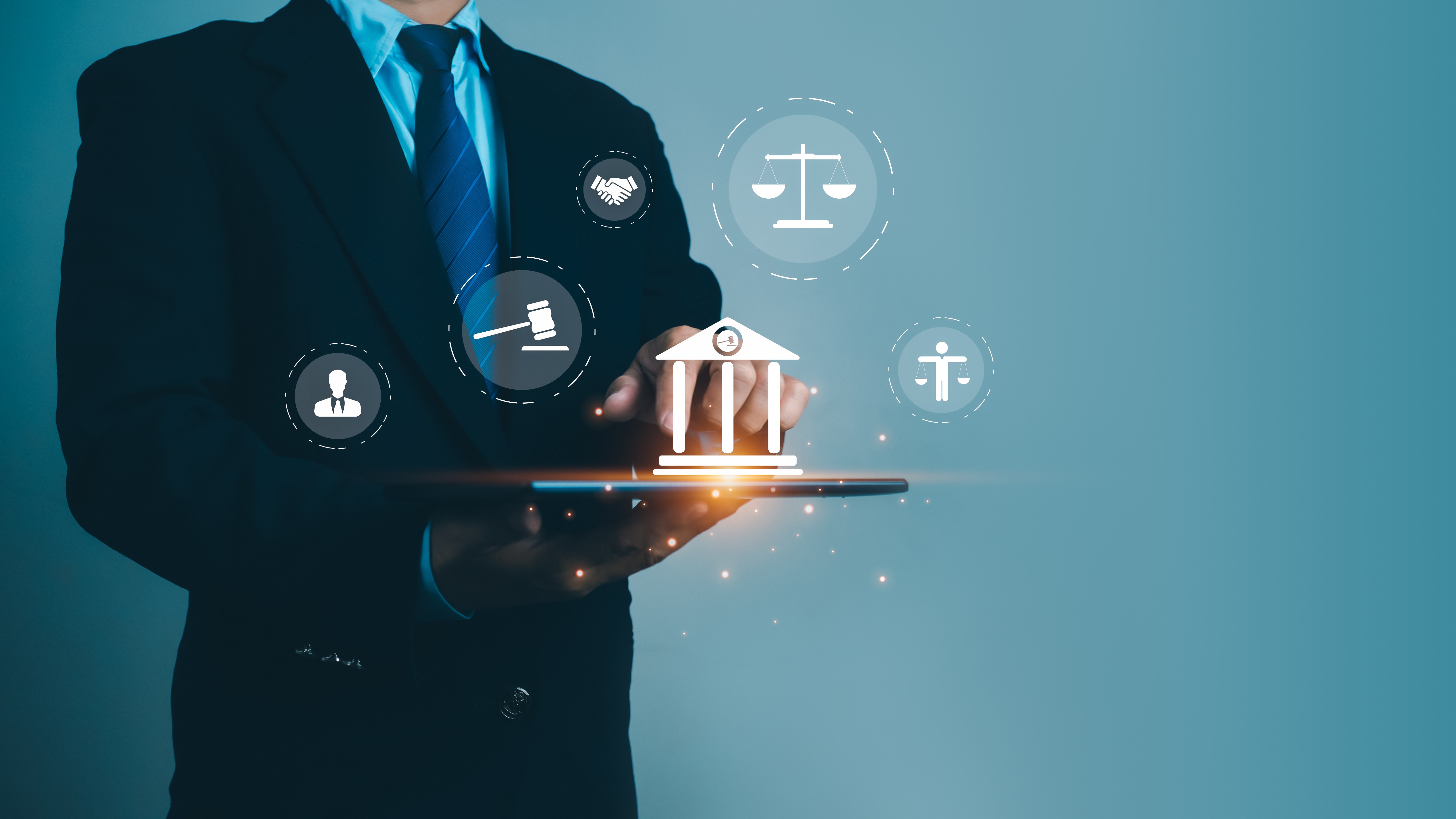 Professional with case materials and legal service icons
